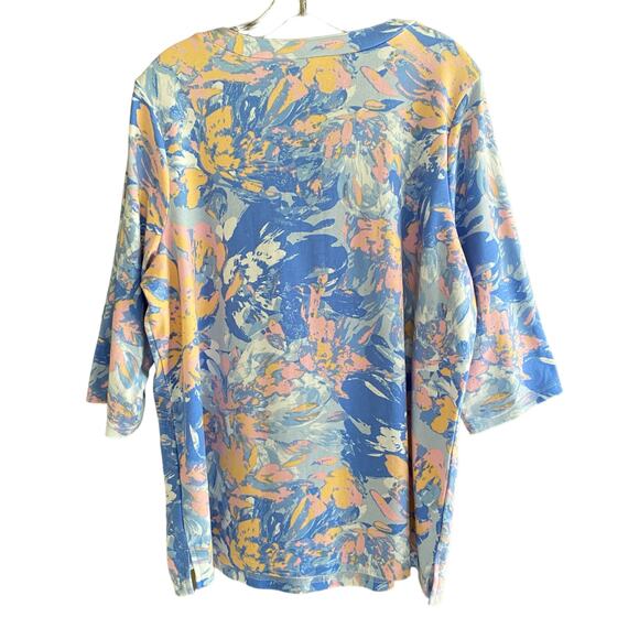 QUACKER FACTORY 1X Top Split Neck Rhinestones Abstract Artsy 3/4 Sleeves Blue - Picture 7 of 7